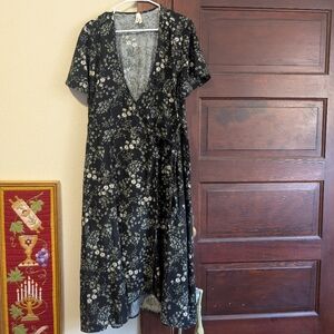 Pact Black Wildflowers Cafe Crepe Wrap Dress — XL